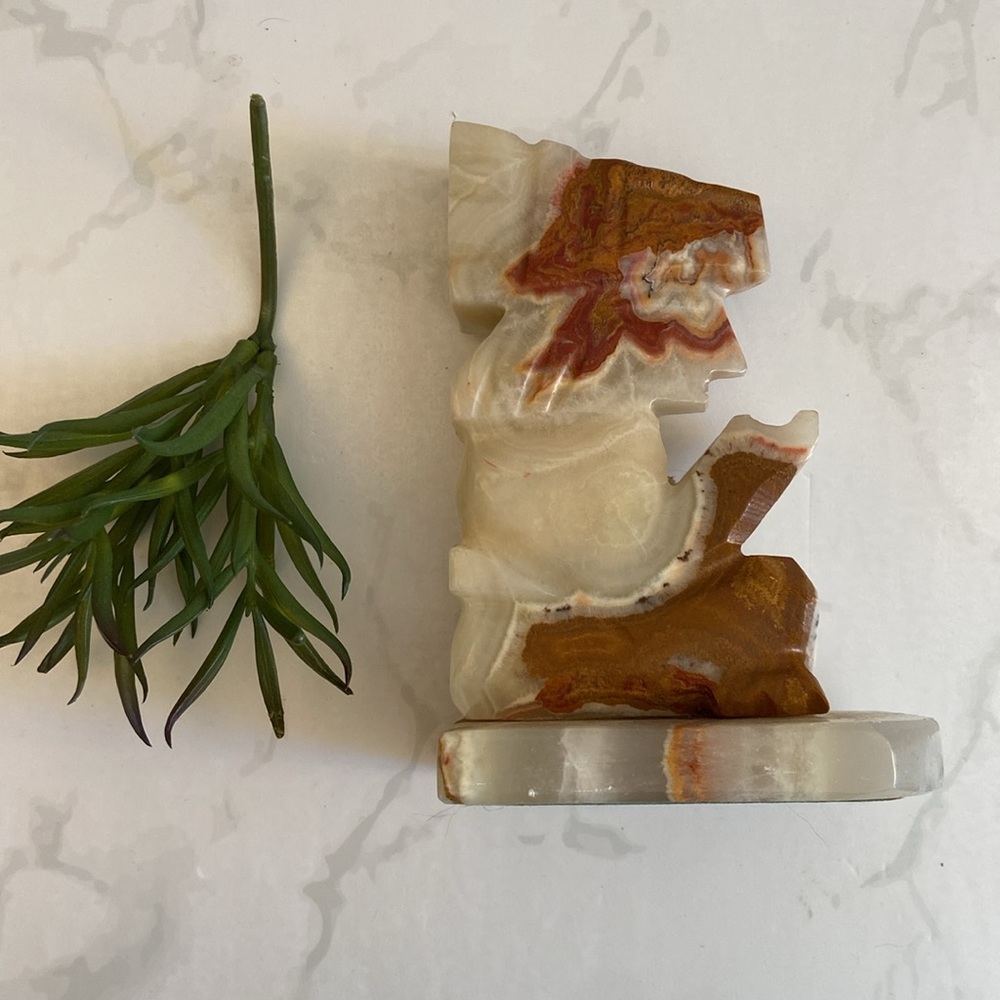 Vintage Mexican Onyx Aztec Warrior Hand Carved Stone Bookend Statue MCM Decor